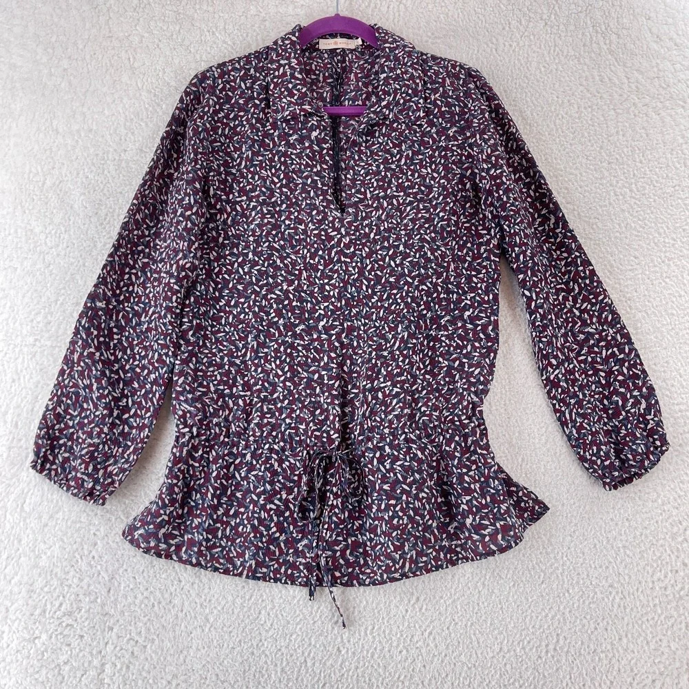 Tory Burch Top Womens Size 2 Red Agate Confetti‎ Silk Long Sleeve Drop Waist Tie